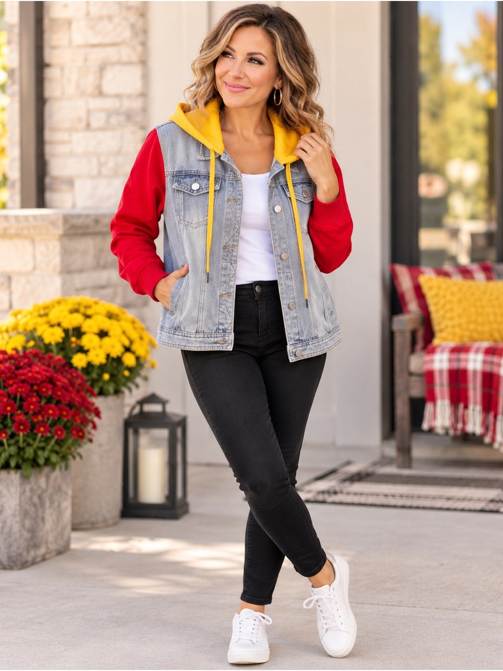Love Letters KC Chiefs Colors Hooded Denim Jacket Red Gold Size S